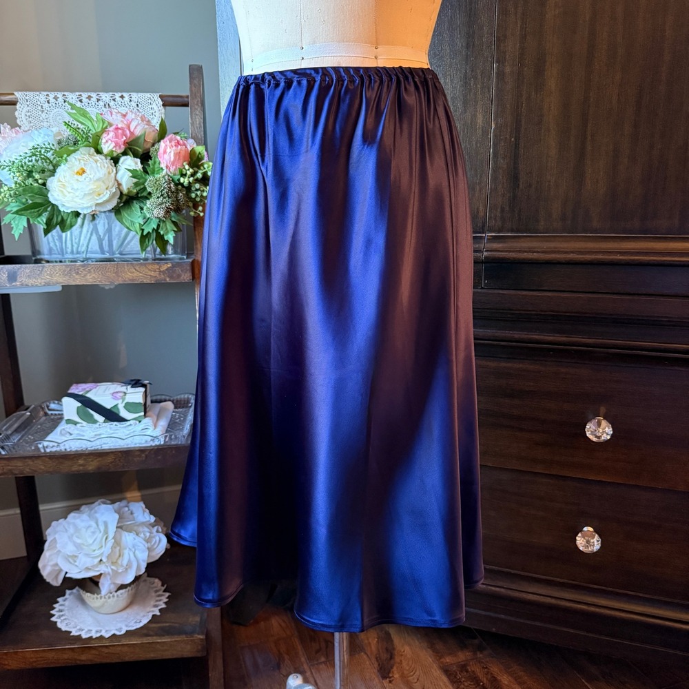 Vintage Navy Satin Midi Skirt A-Line Elastic Waist Pull On Size Unknown 90s